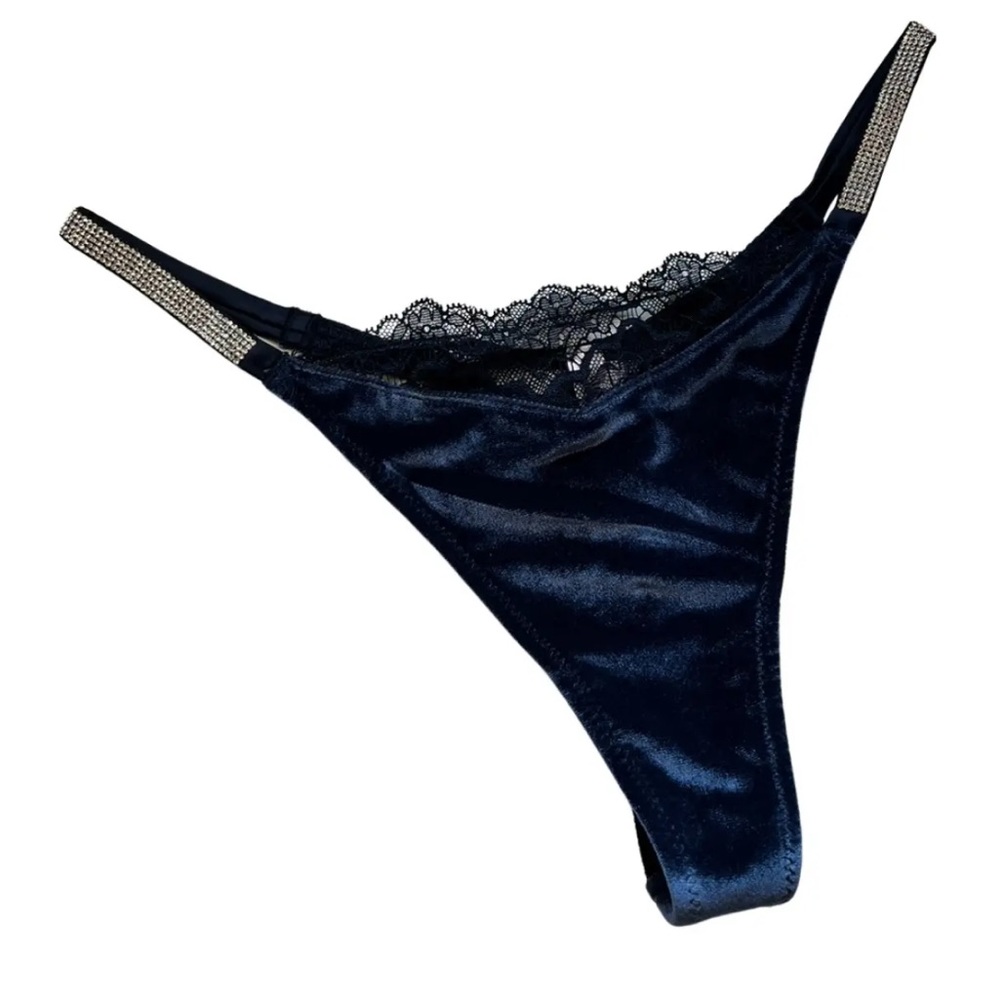 Victorias Secret ANGELS Lace & Velvet Shine Strap Rhinestone V-String thong navy - Picture 10 of 11